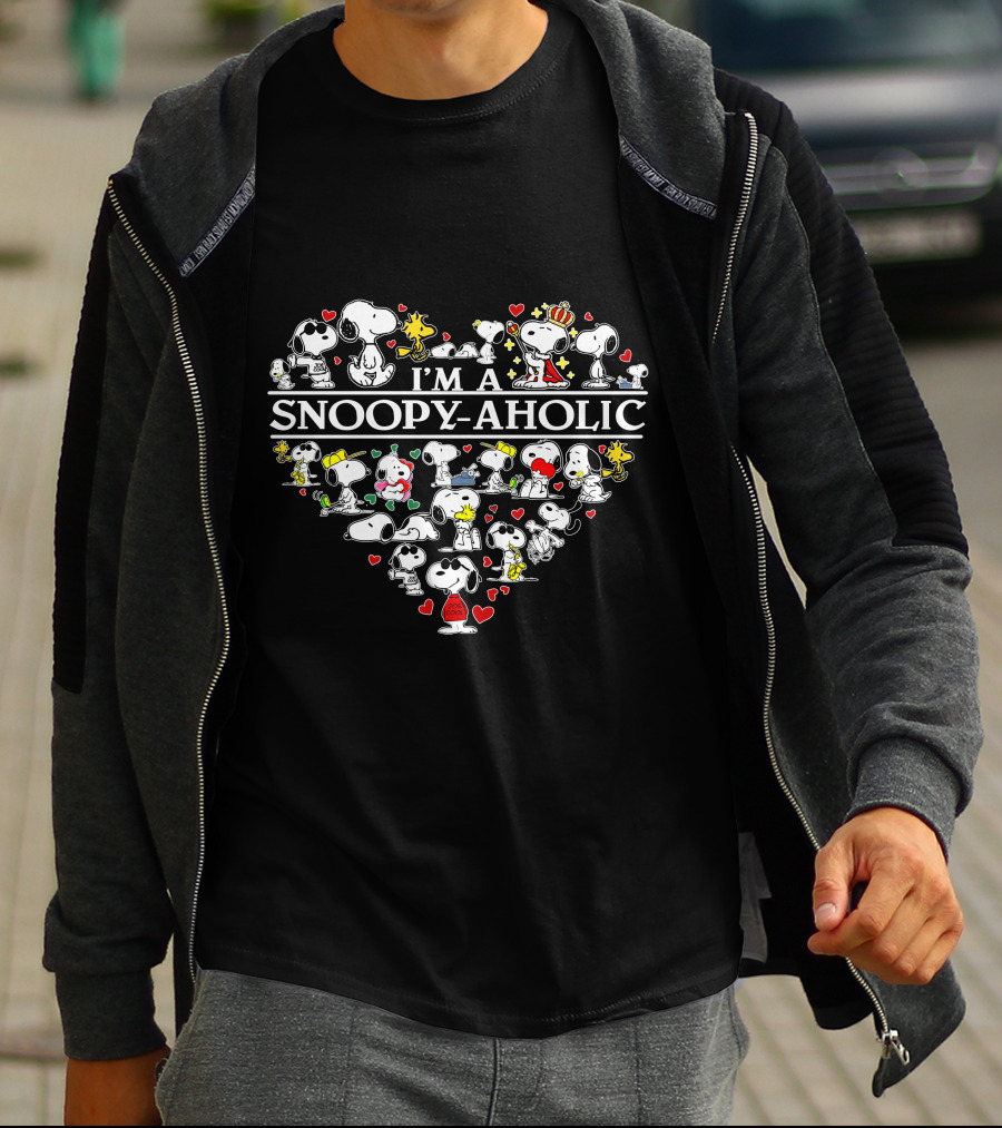 I'm A Snoopy-Aholic Peanuts Heart Collage Of Snoopy And Woodstock With Love Hearts T-Shirt