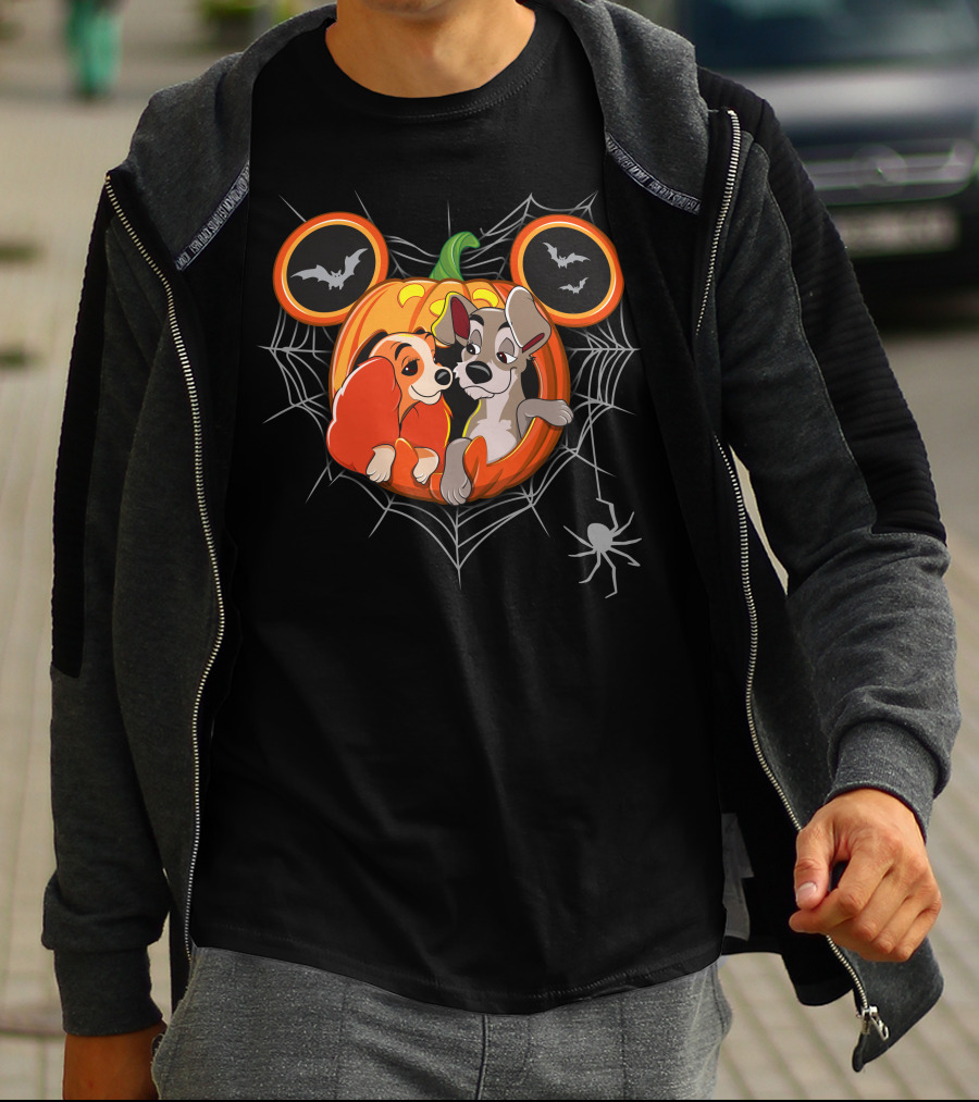Lady And The Tramp Halloween Pumpkin With Spider Web And Bats T-Shirt