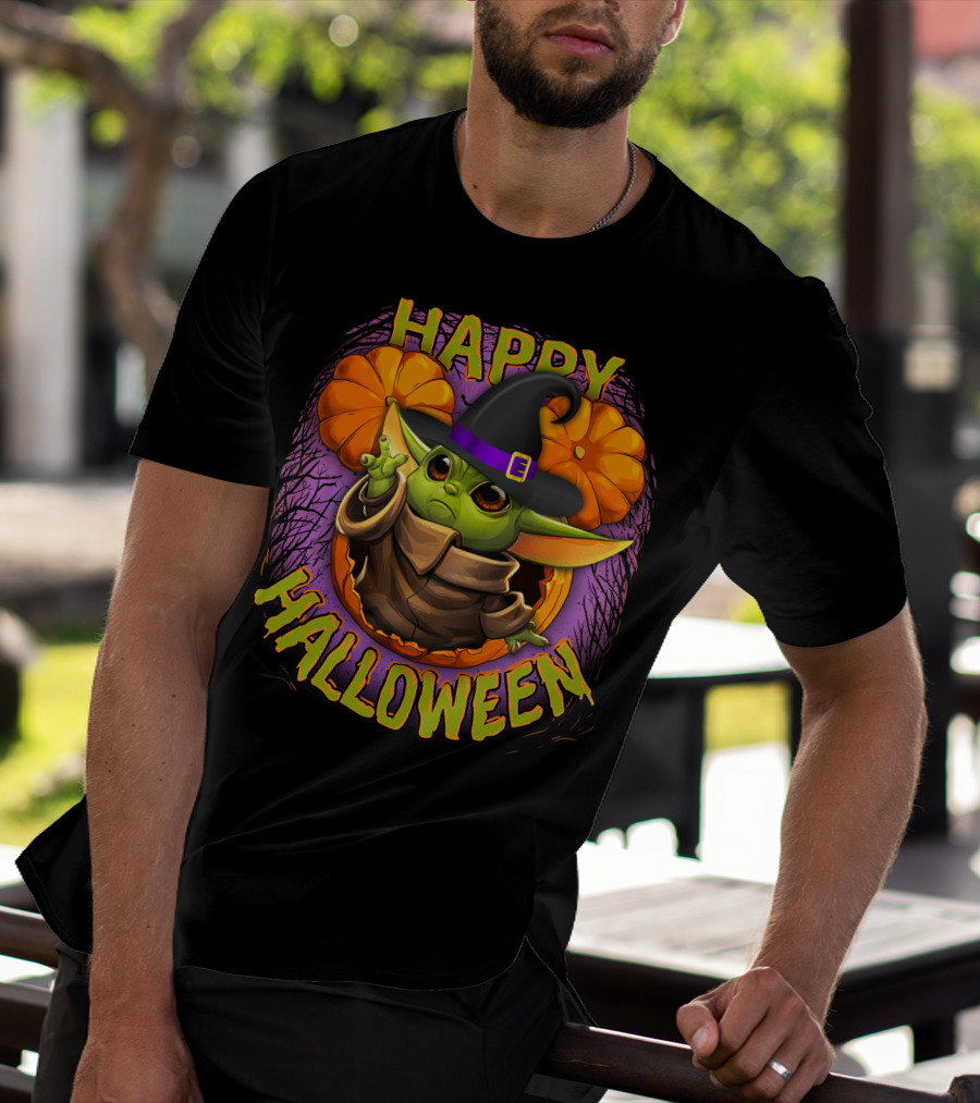 Happy Halloween Baby Yoda Magic Pumpkin Wizard Hat T-Shirt