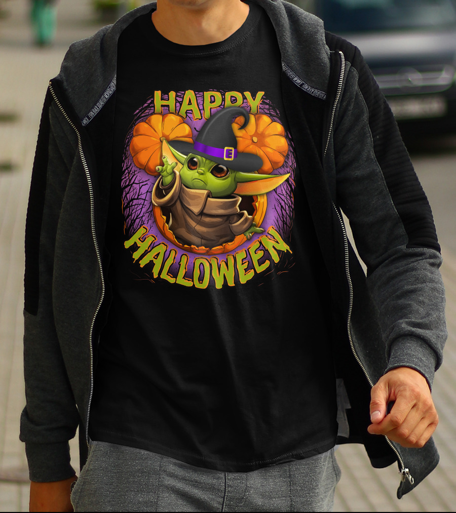 Happy Halloween Baby Yoda Magic Pumpkin Wizard Hat T-Shirt