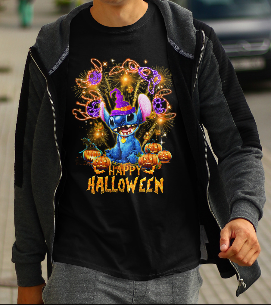 Stitch Happy Halloween Firework Display With Pumpkins And Witch Hat T-Shirt