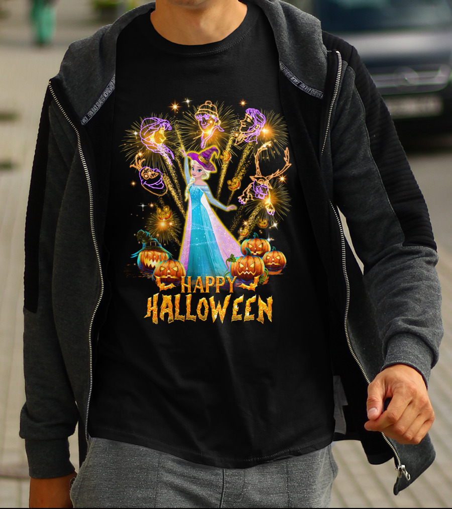 Elsa Happy Halloween With Fireworks And Pumpkins T-Shirt