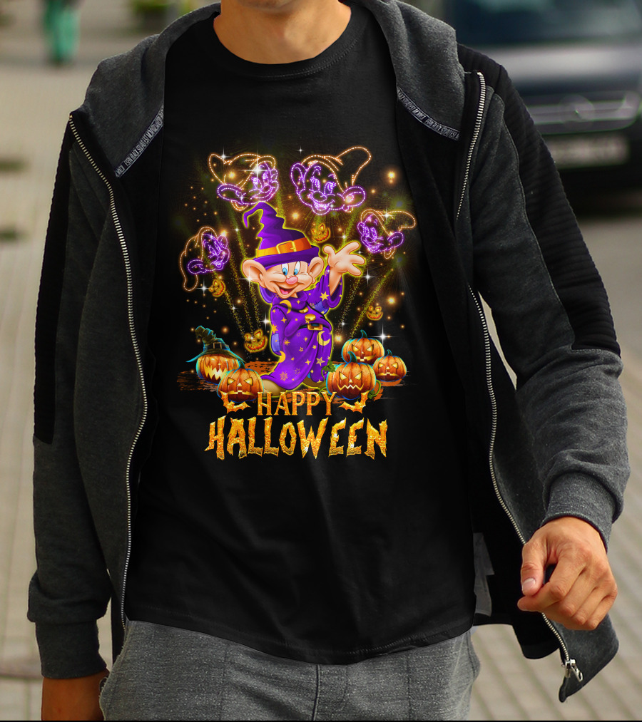 Happy Halloween Dopey In Wizard Hat With Fireworks And Pumpkins T-Shirt