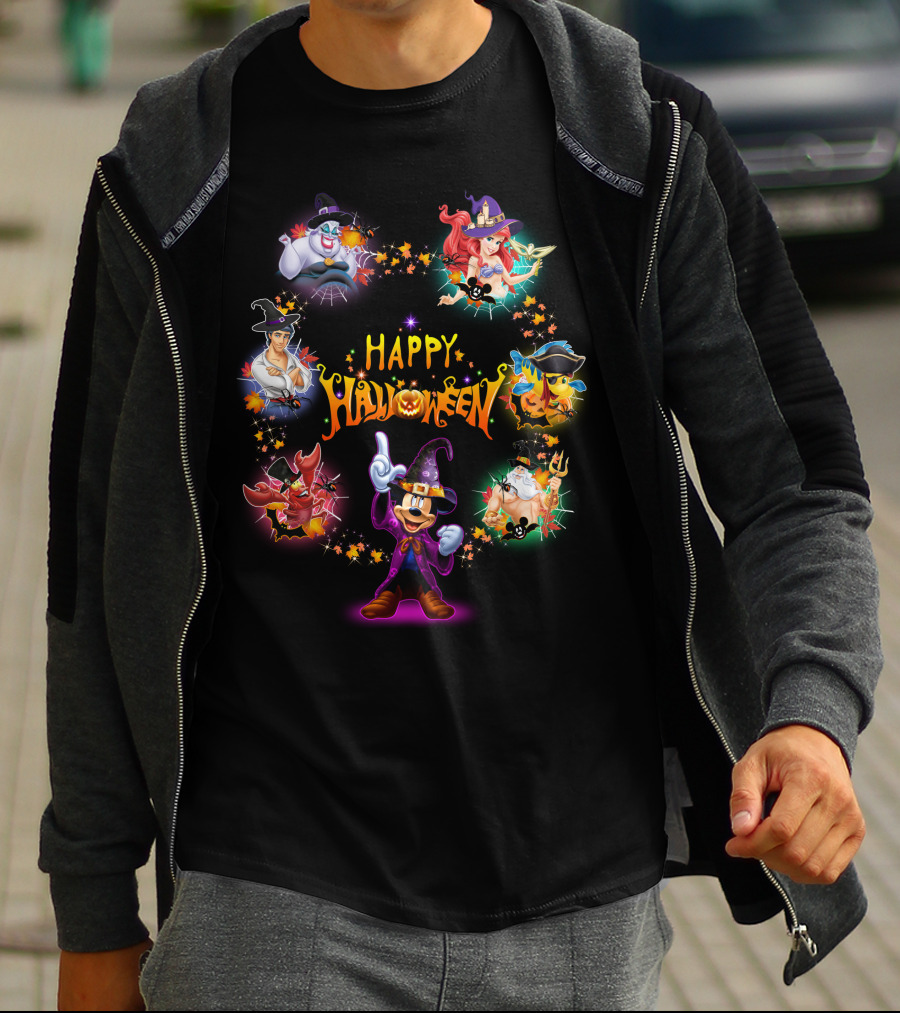 Happy Halloween Mickey Ariel Ursula Sebastian Pirate Captain Hook Disney Characters T-Shirt
