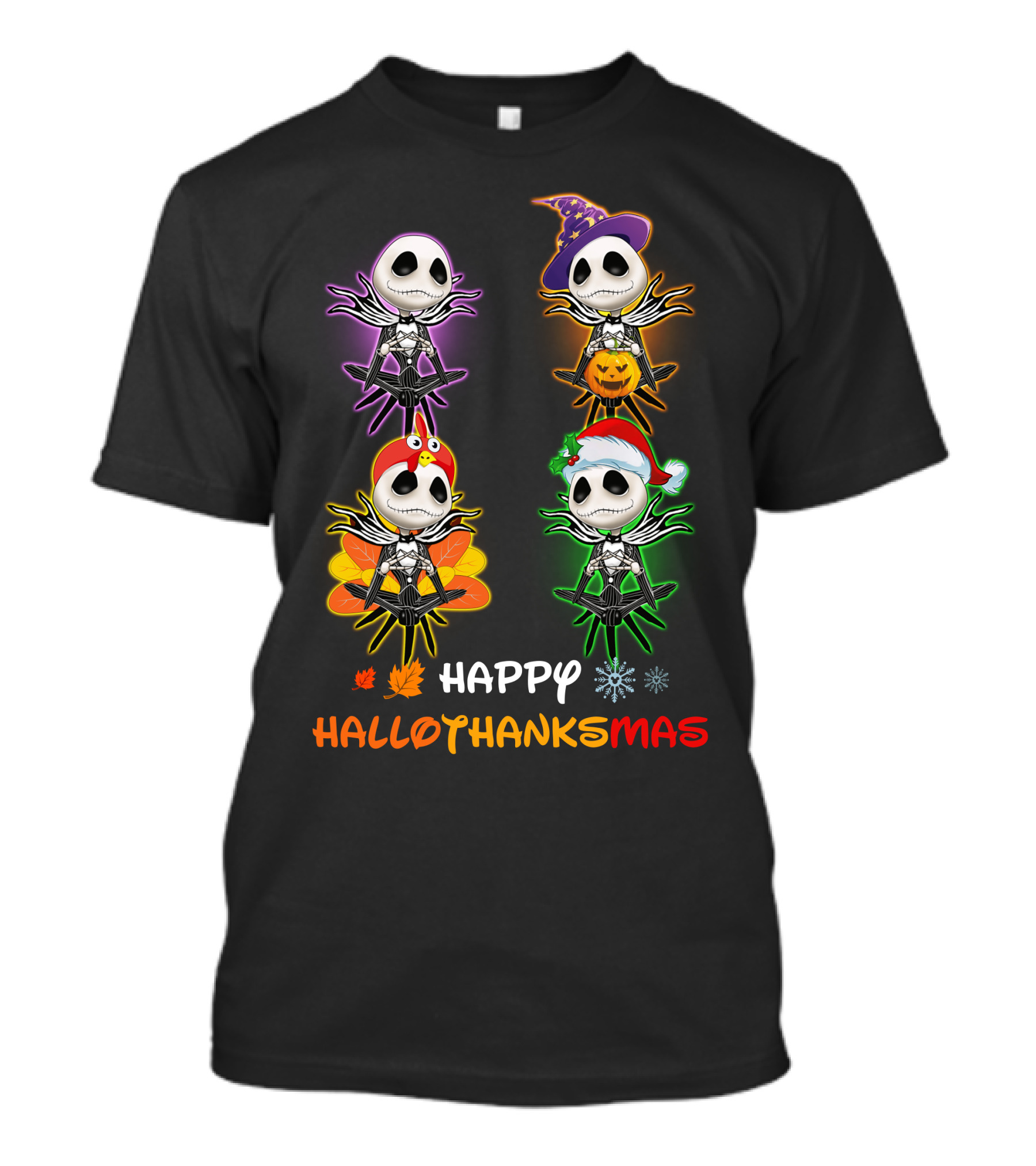 Happy Hallothankmas Jack Skellington Pumpkin Hat Turkey Leaf Snowflake T-Shirt