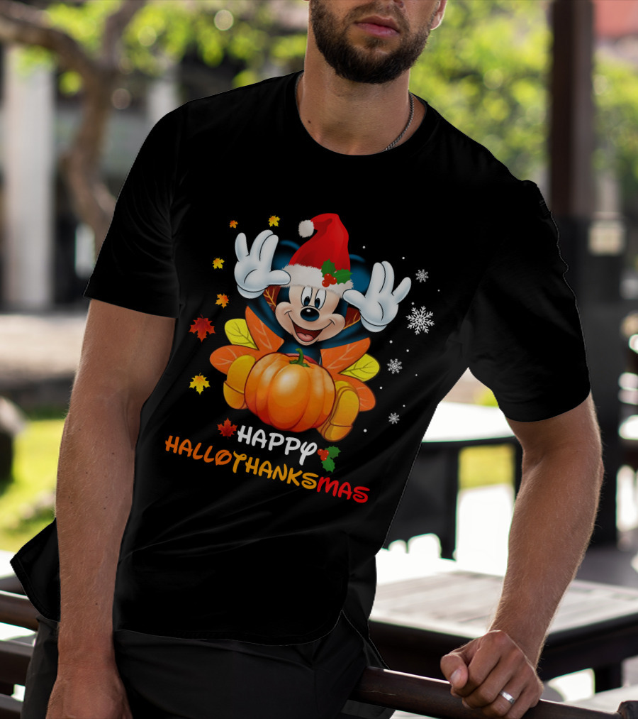 Happy Mickey Hallothankmas Pumpkin Snowflakes Leaves Santa Hat T-Shirt