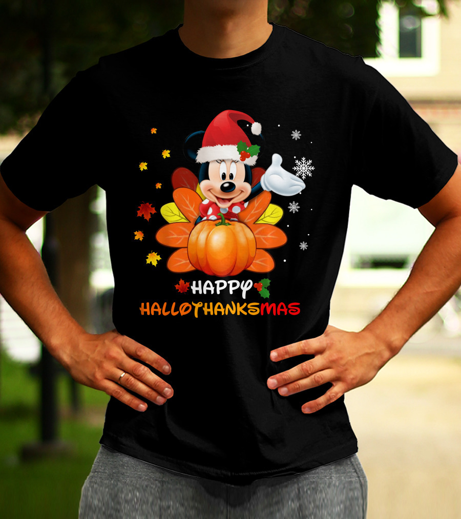 Happy Hallothankmas Minnie With Pumpkin And Santa Hat T-Shirt