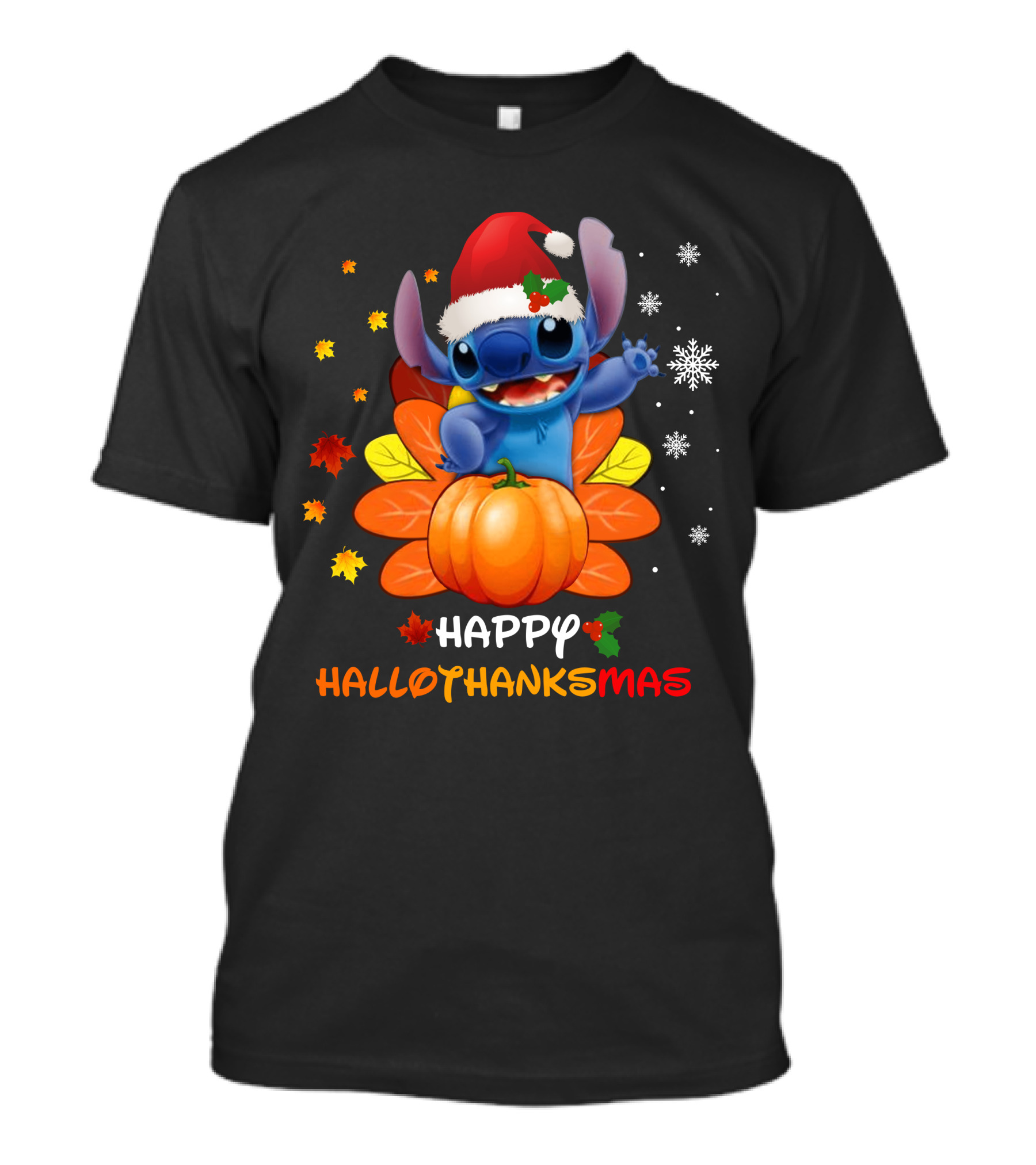 Happy Hallothankmas Stitch With Santa Hat Pumpkin Leaves Snowflakes T-Shirt