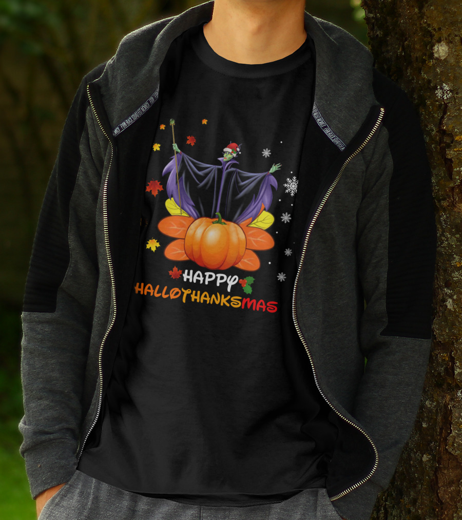 Happy Hallothankmas Maleficent Pumpkin Snowflakes Leaves Santa Hat T-Shirt