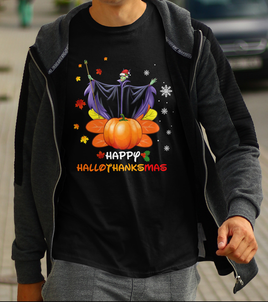Happy Hallothankmas Maleficent Pumpkin Snowflakes Leaves Santa Hat T-Shirt