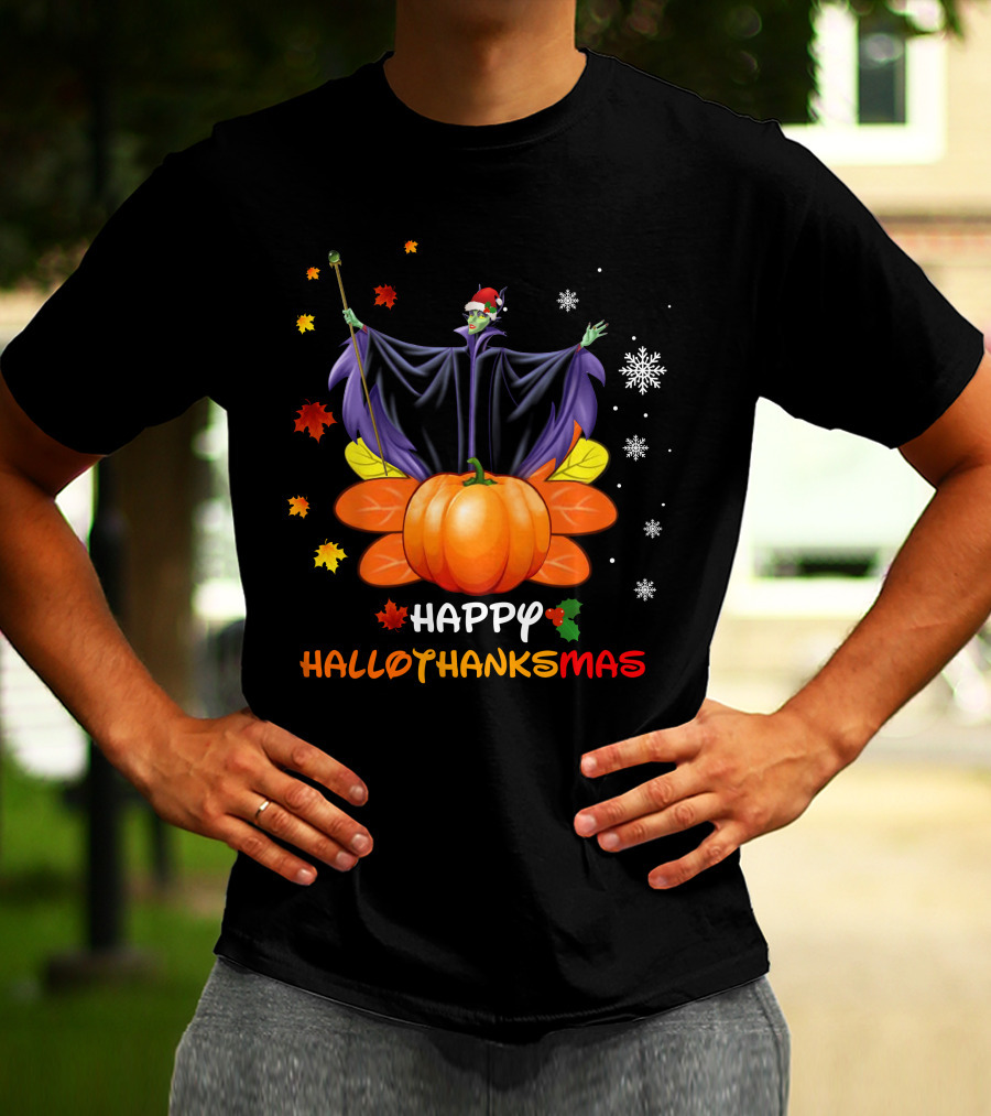 Happy Hallothankmas Maleficent Pumpkin Snowflakes Leaves Santa Hat T-Shirt