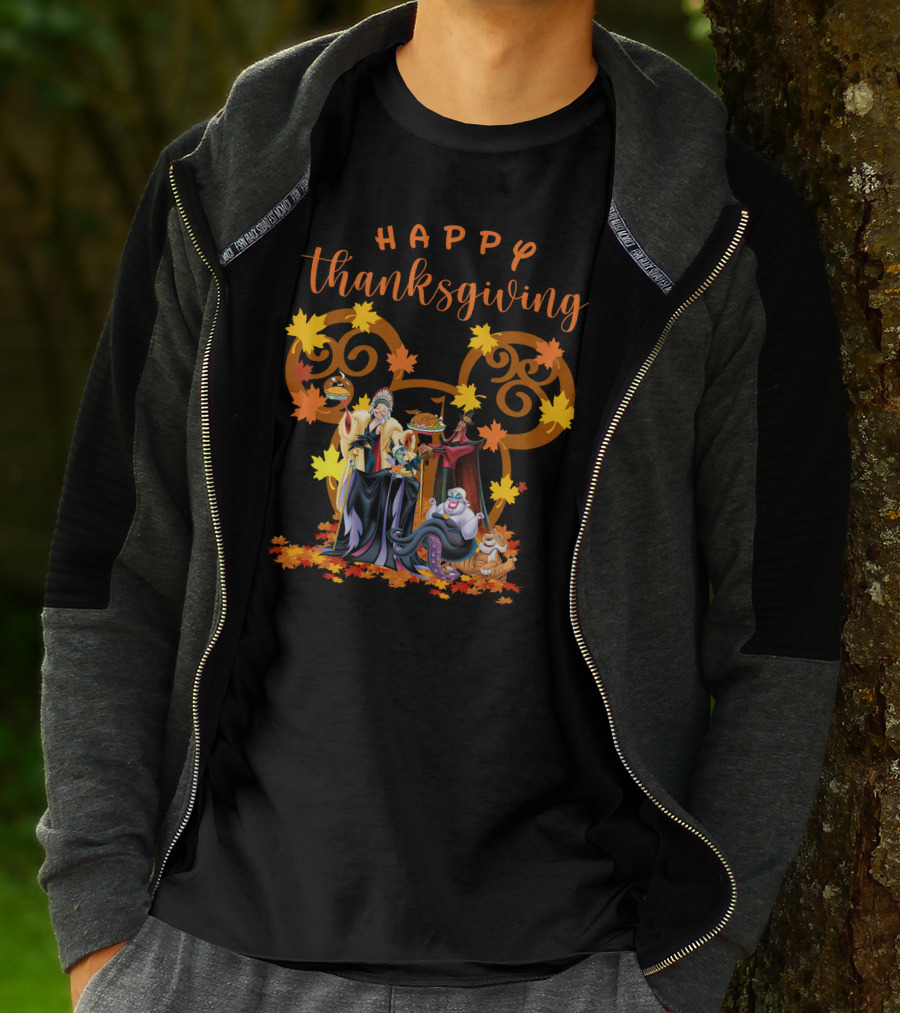 Happy Thanksgiving Disney Villains With Mickey Mouse Leaf Background T-Shirt