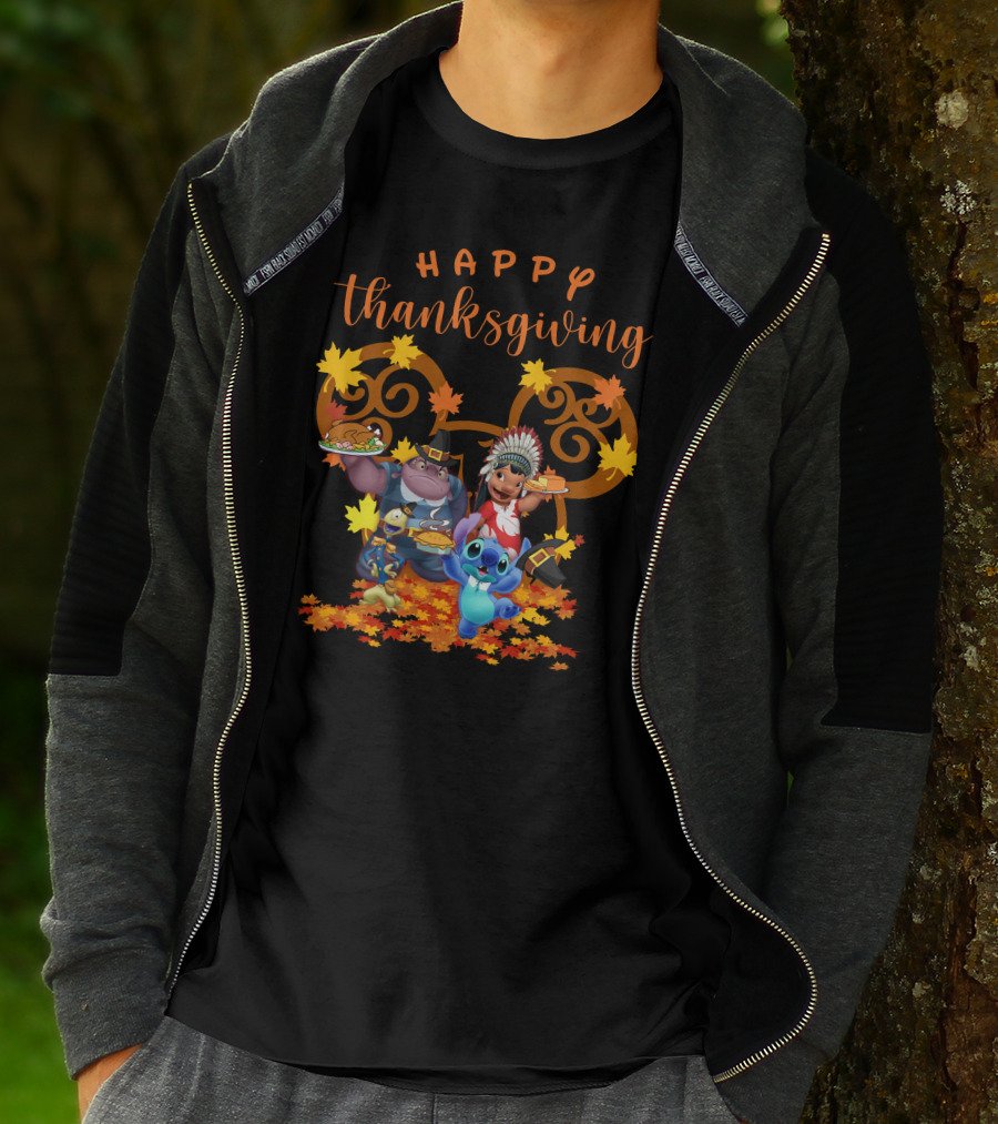 Lilo And Stitch Happy Thanksgiving With Characters And Autumn Leaves T-Shirt