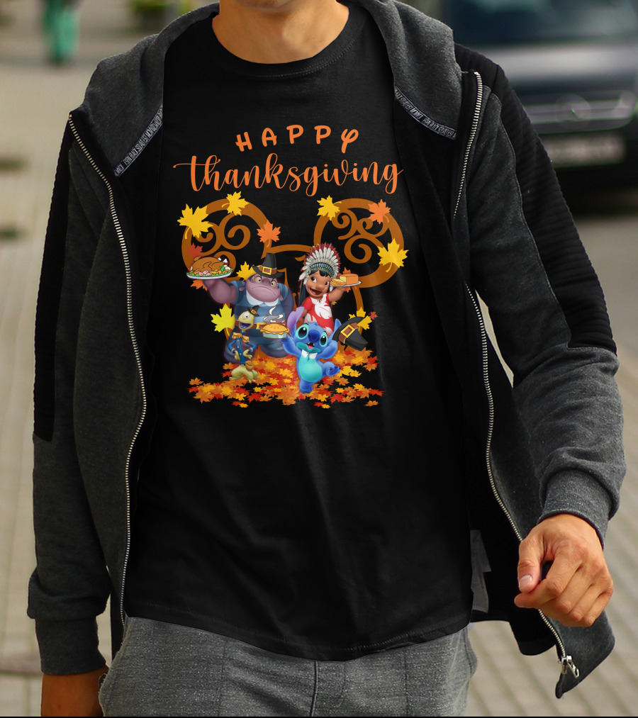 Lilo And Stitch Happy Thanksgiving With Characters And Autumn Leaves T-Shirt