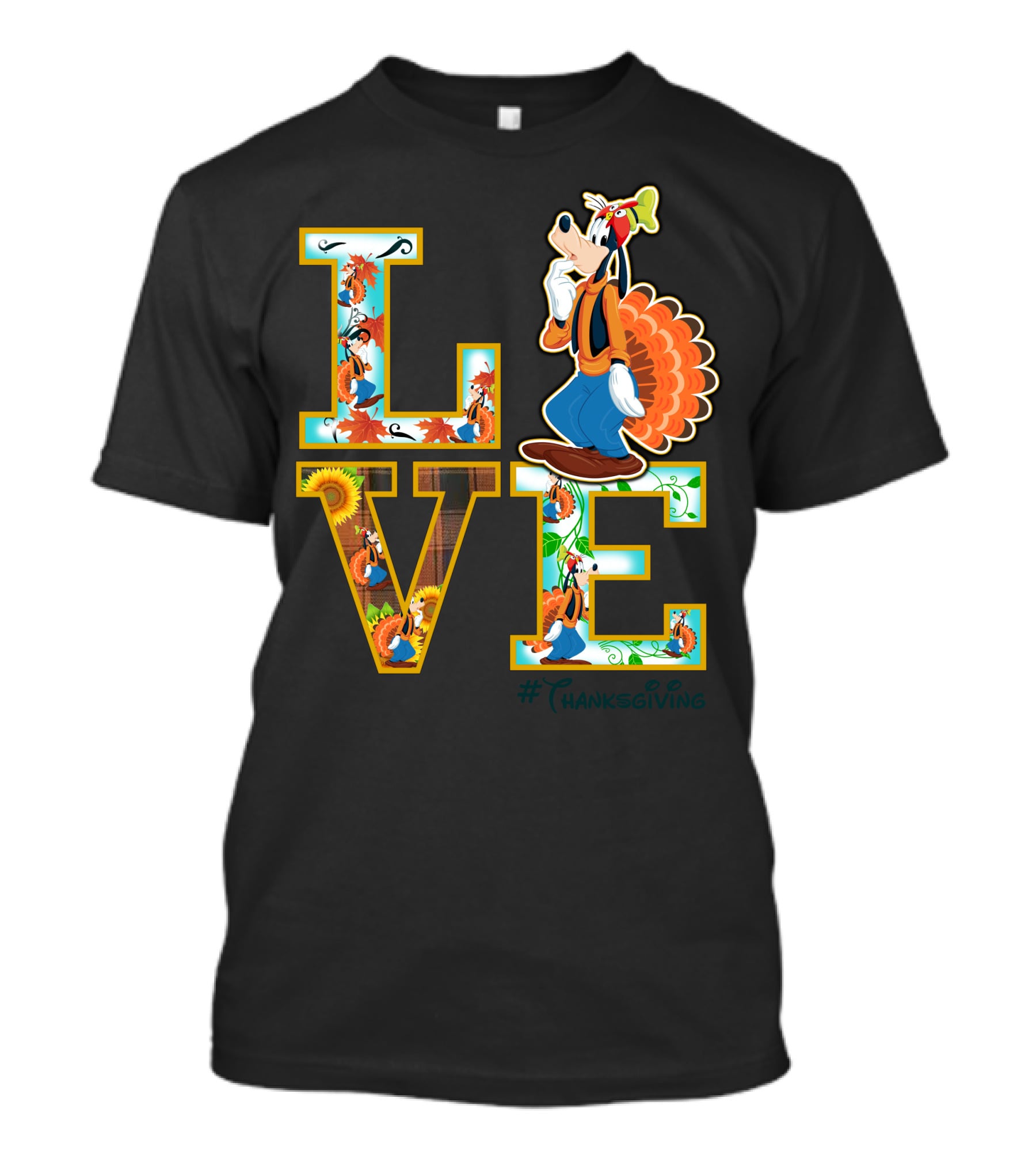LOVE Goofy Thanksgiving Turkey Leaves Sunflower T-Shirt