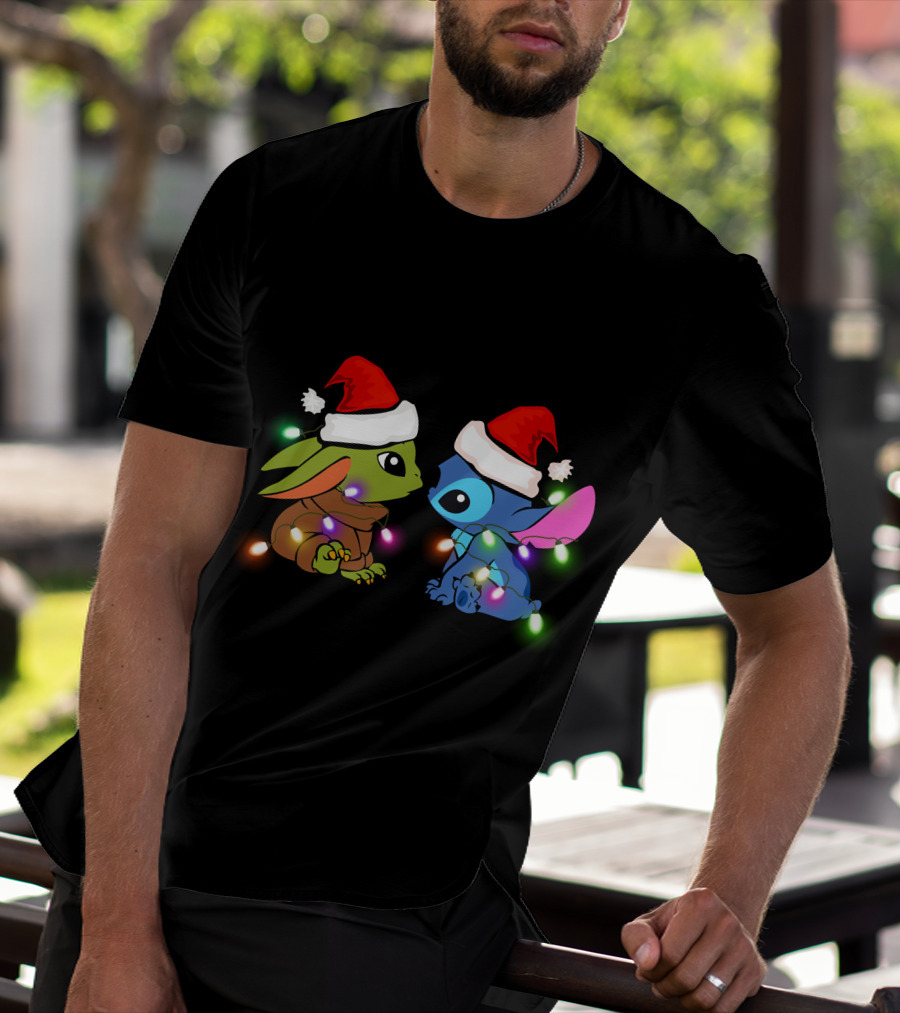 Santa Hat Baby Yoda And Stitch Christmas Lights T-Shirt