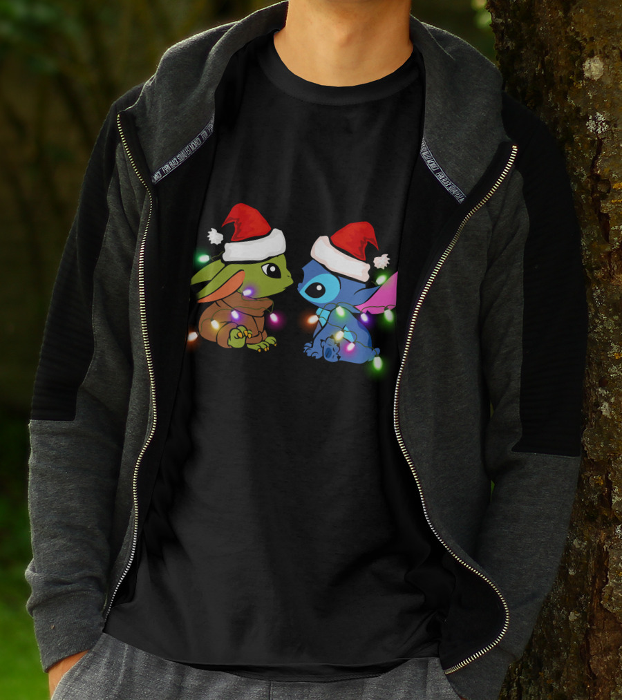Santa Hat Baby Yoda And Stitch Christmas Lights T-Shirt