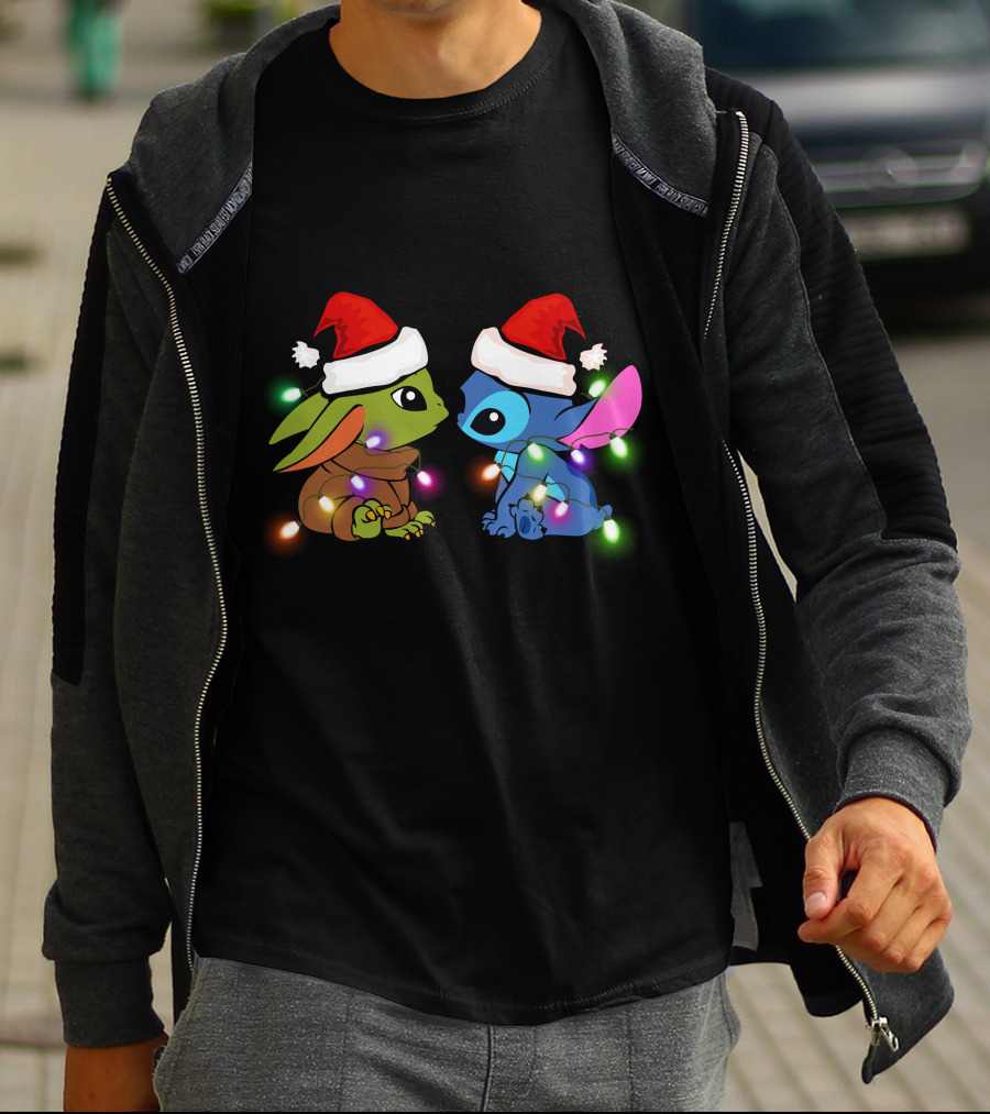Santa Hat Baby Yoda And Stitch Christmas Lights T-Shirt