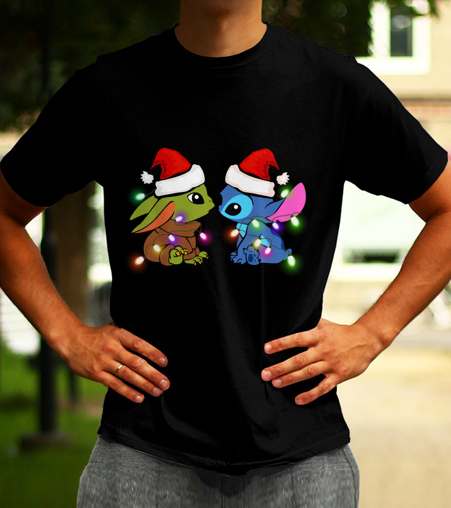 Santa Hat Baby Yoda And Stitch Christmas Lights T-Shirt