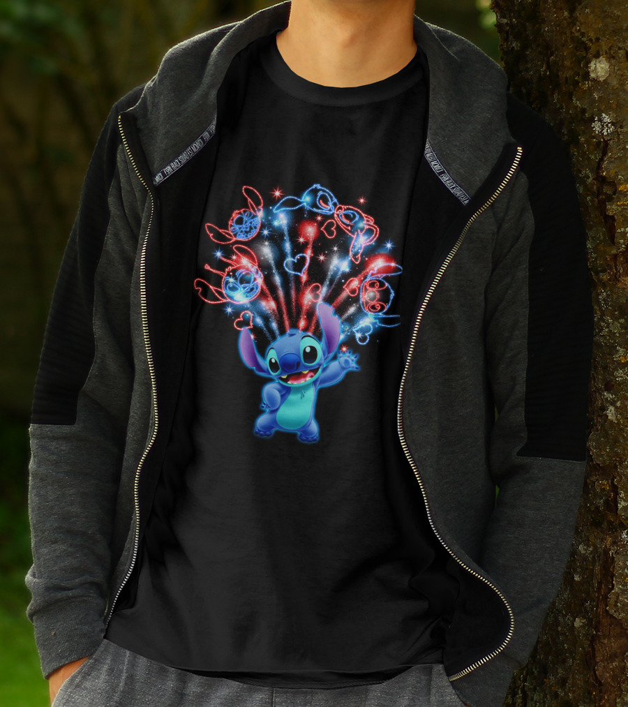 Stitch Magic Fireworks Burst Hearts And Glasses T-Shirt