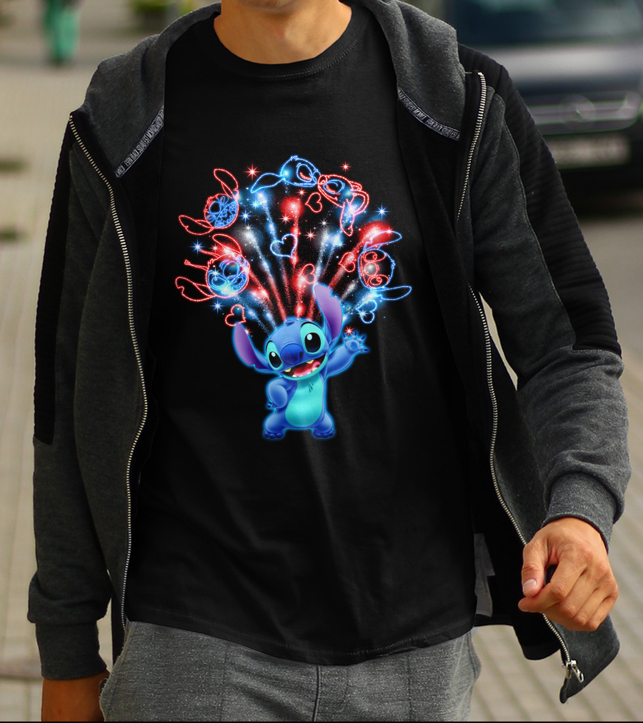 Stitch Magic Fireworks Burst Hearts And Glasses T-Shirt