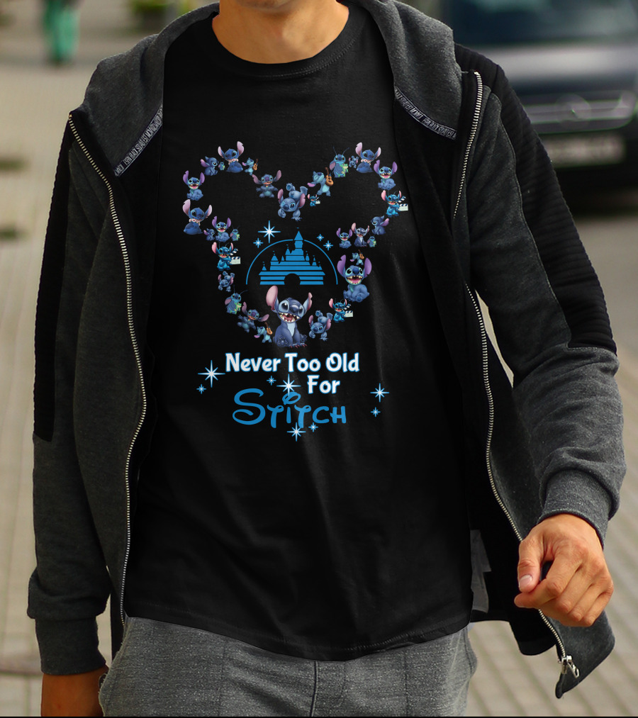 Never Too Old For Stitch Disney Castle Heart Shape T-Shirt
