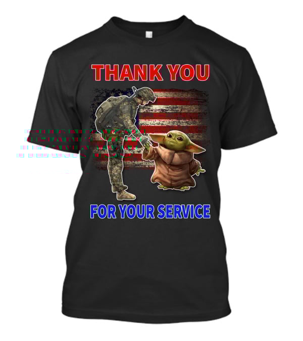 THANK YOU FOR YOUR SERVICE BABY YODA AMERICAN FLAG SOLDIER HANDSHAKE T-Shirt