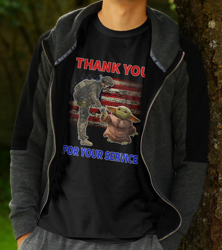 THANK YOU FOR YOUR SERVICE BABY YODA AMERICAN FLAG SOLDIER HANDSHAKE T-Shirt