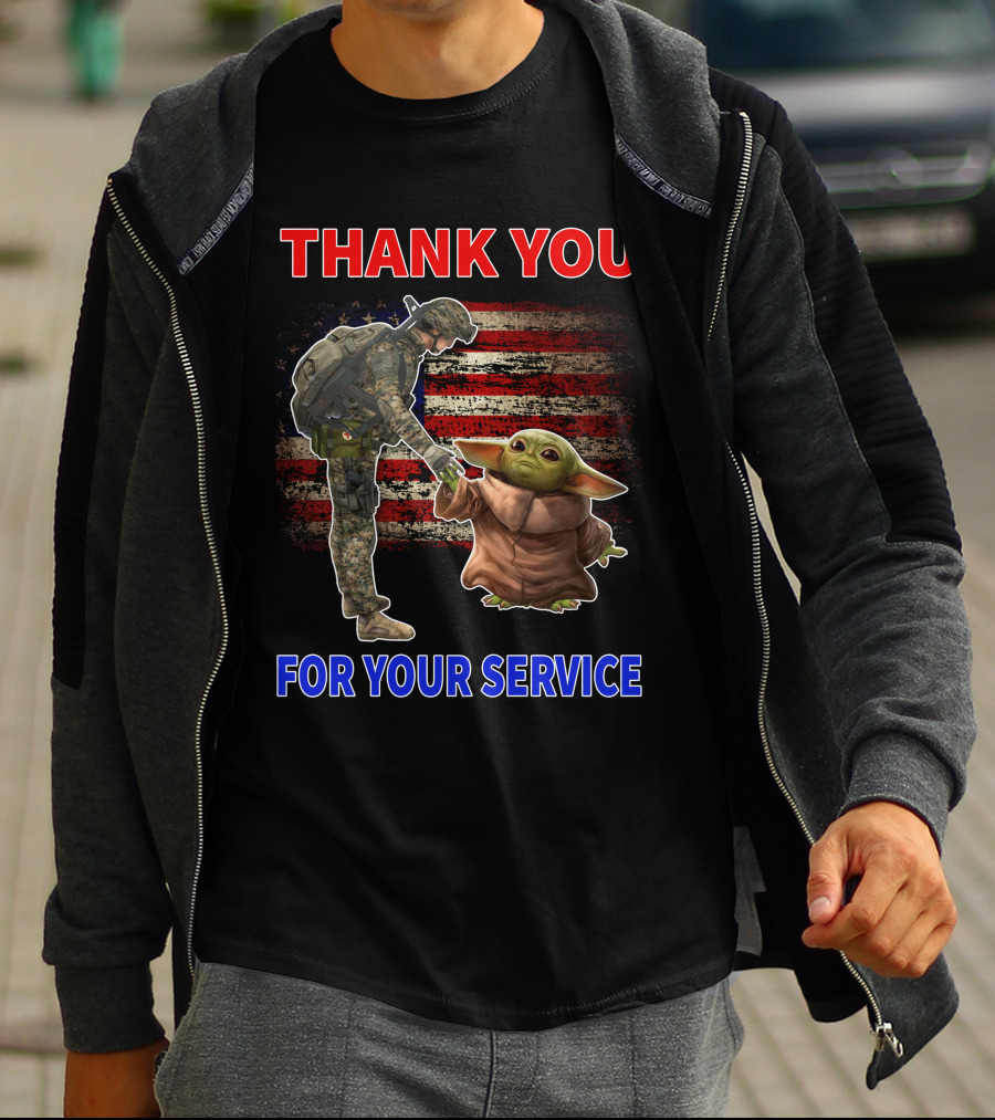 THANK YOU FOR YOUR SERVICE BABY YODA AMERICAN FLAG SOLDIER HANDSHAKE T-Shirt