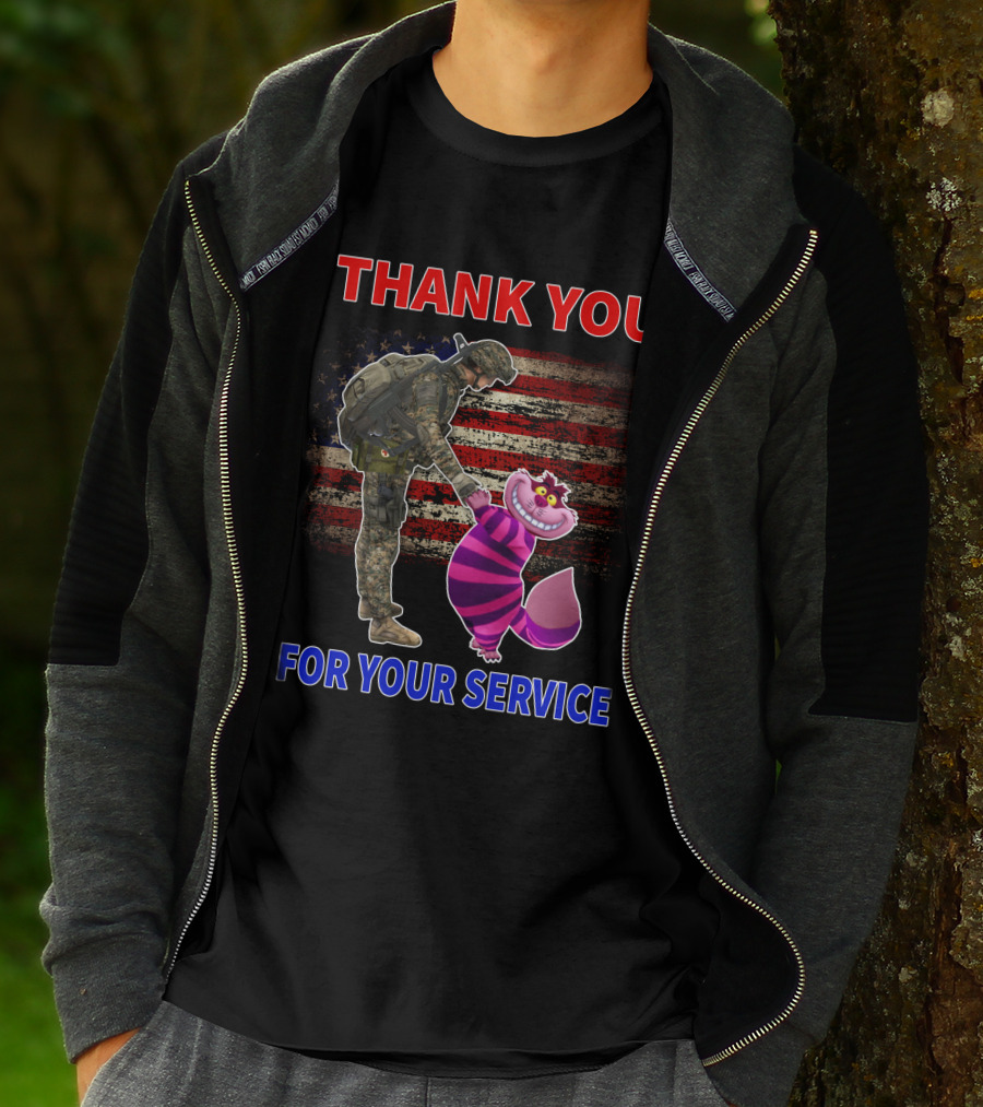 Cheshire Cat Thank You For Your Service Soldier With American Flag Background T-Shirt