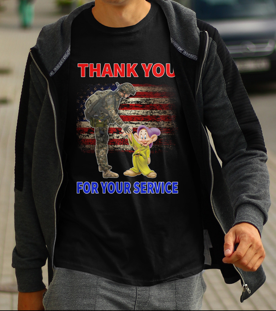 Thank You For Your Service With Soldier And Dopey American Flag Background T-Shirt