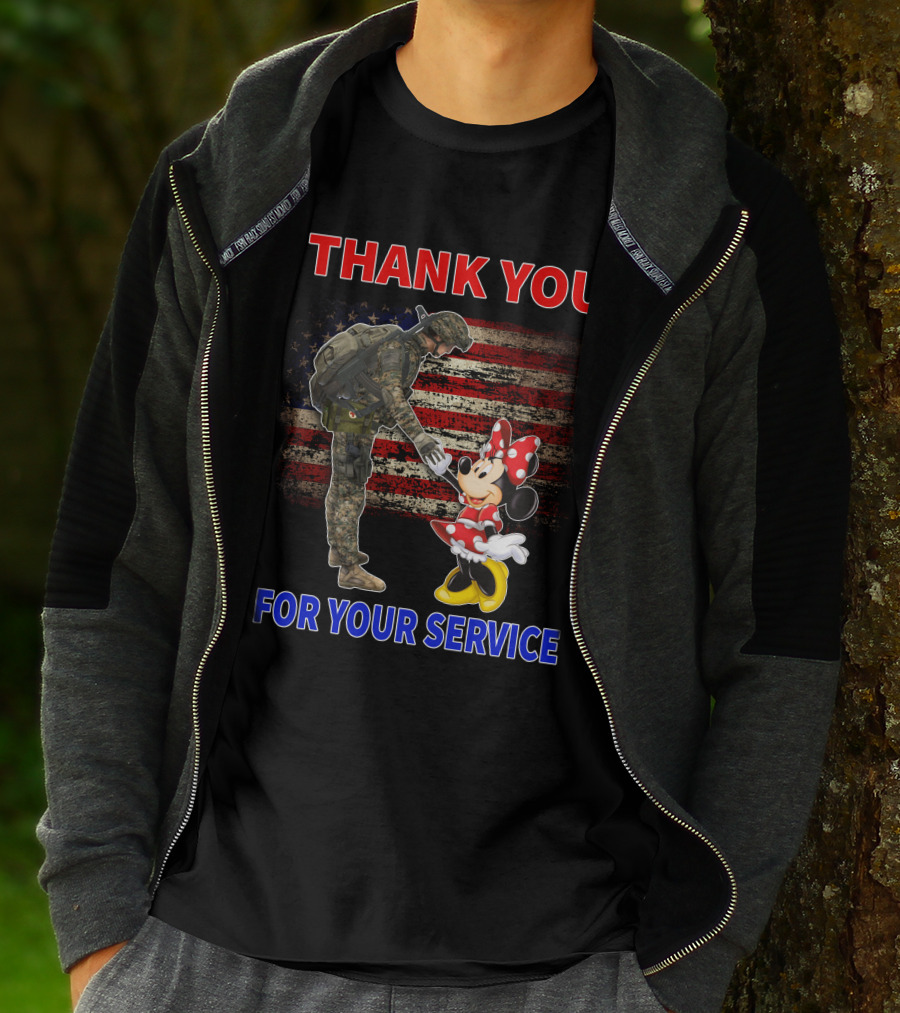 Thank You For Your Service Soldier And Minnie Mouse With American Flag Background T-Shirt