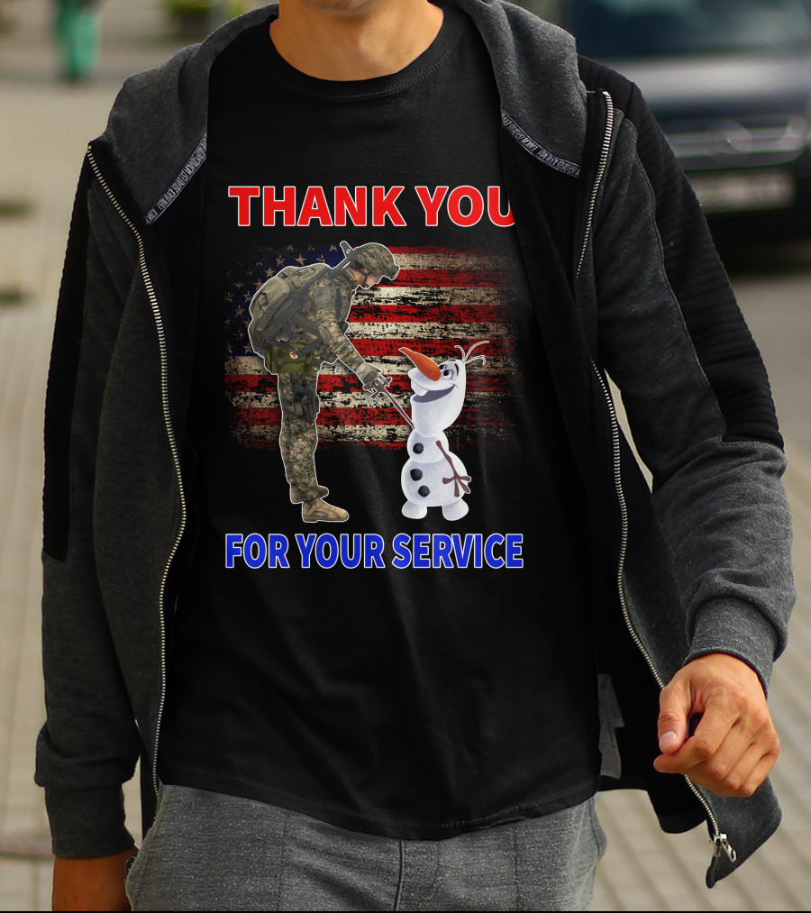 Thank You For Your Service Soldier With Olaf And American Flag T-Shirt