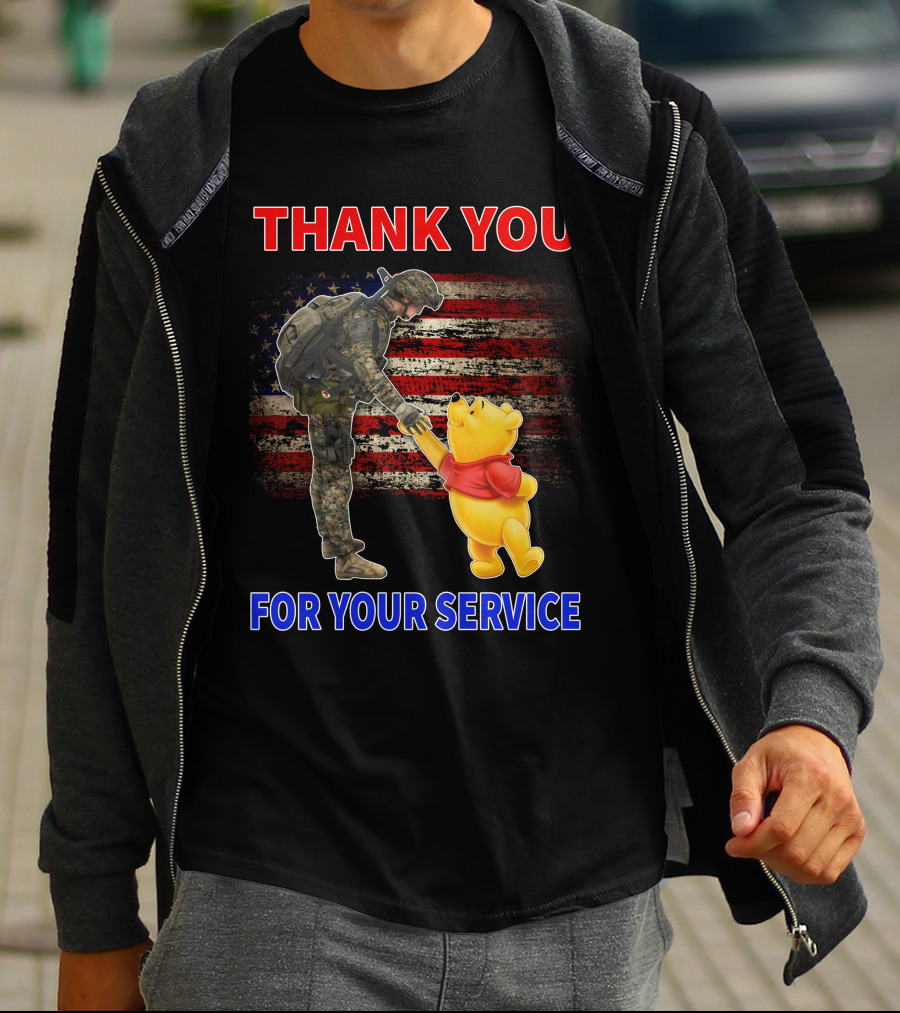 Thank You For Your Service Soldier And Pooh With American Flag Background T-Shirt
