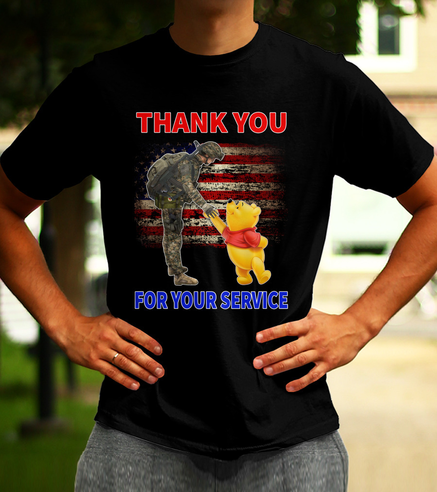 Thank You For Your Service Soldier And Pooh With American Flag Background T-Shirt