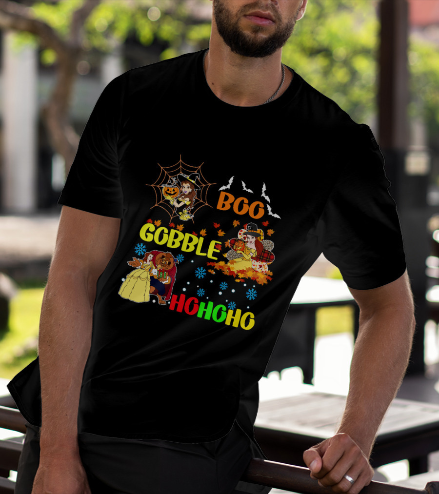 Boo Gobble Hohoho Belle HalloThanksMas T-Shirt
