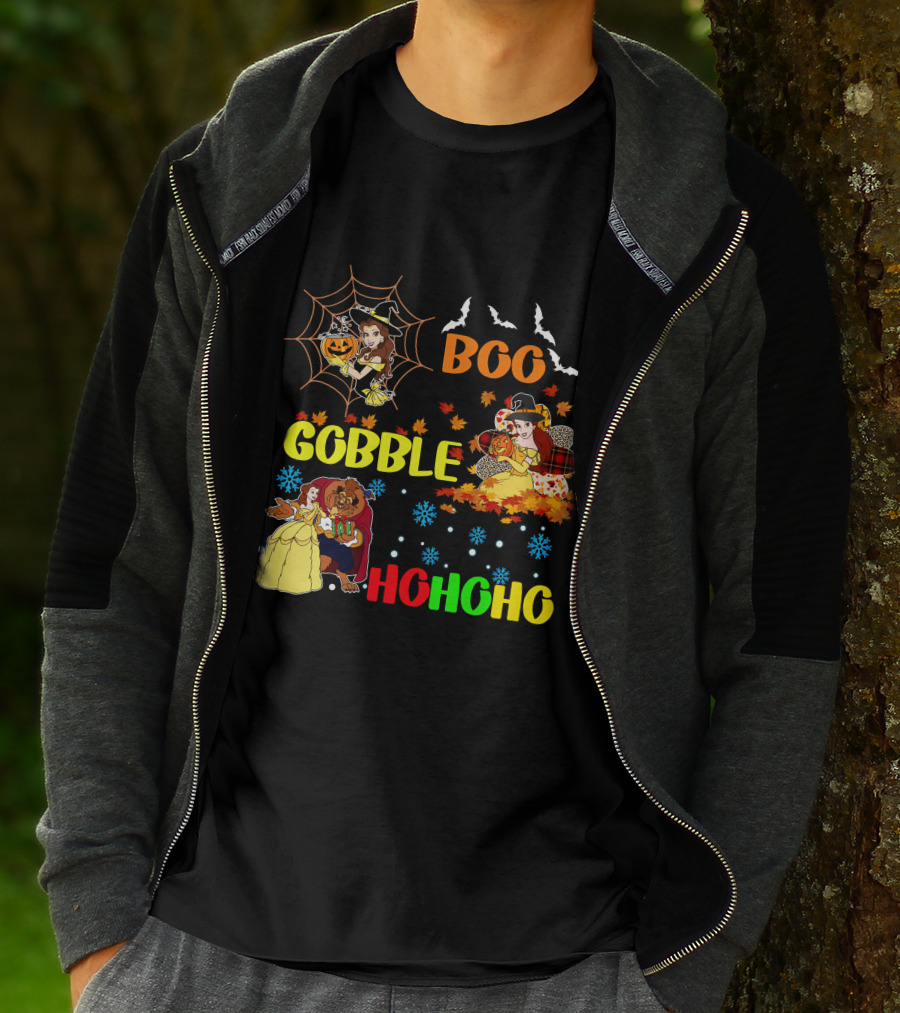 Boo Gobble Hohoho Belle HalloThanksMas T-Shirt