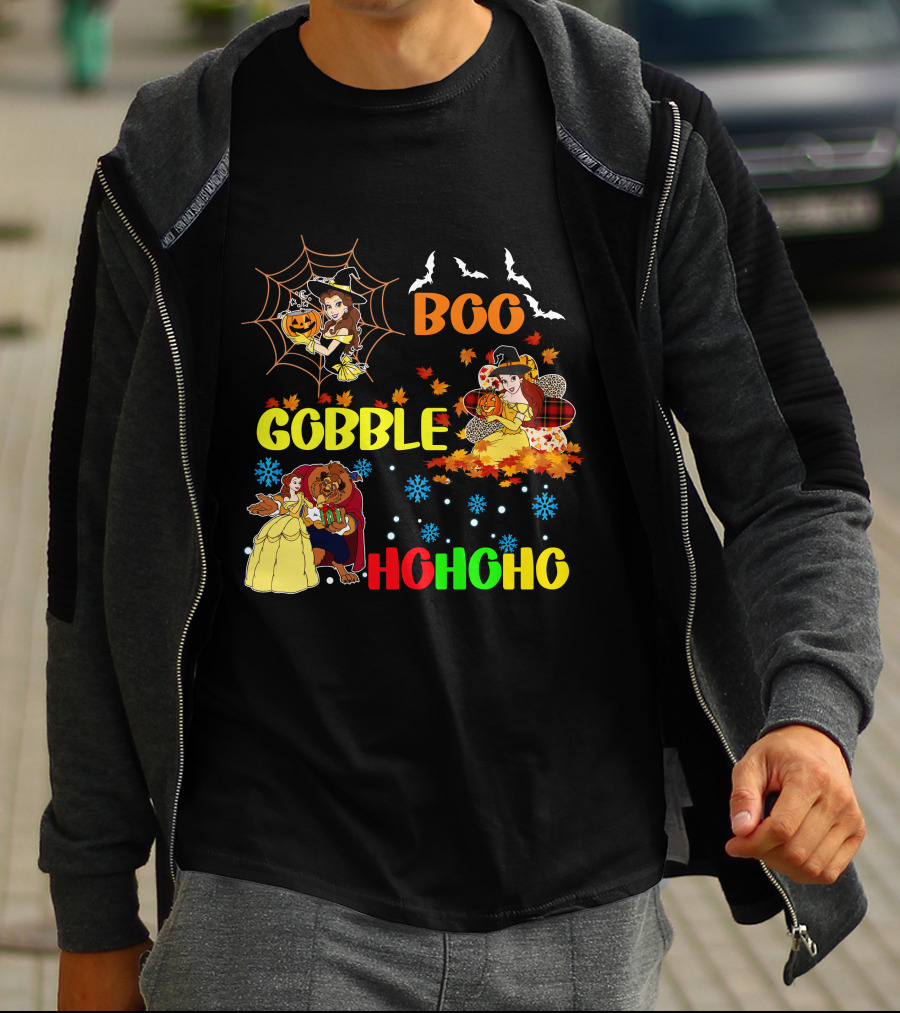 Boo Gobble Hohoho Belle HalloThanksMas T-Shirt