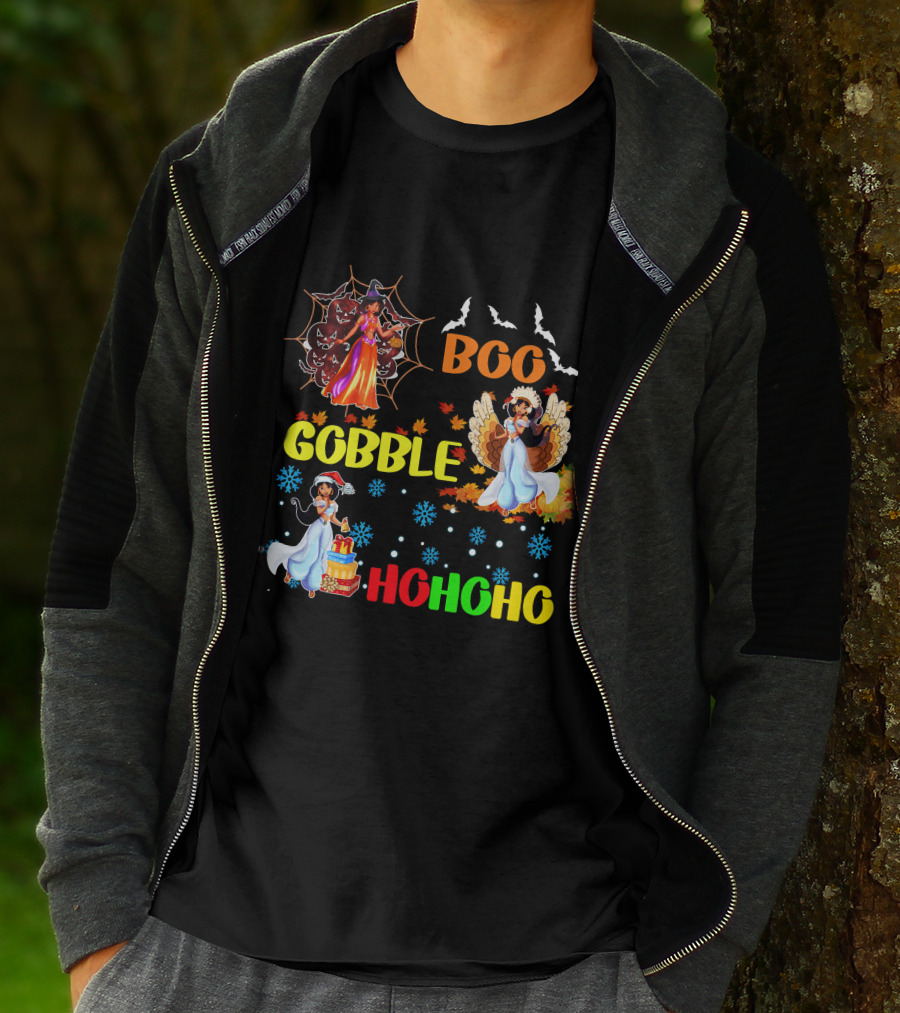 Jasmine Boo Gobble HoHoHo HalloThanksMas Bats Leaves Snowflakes T-Shirt