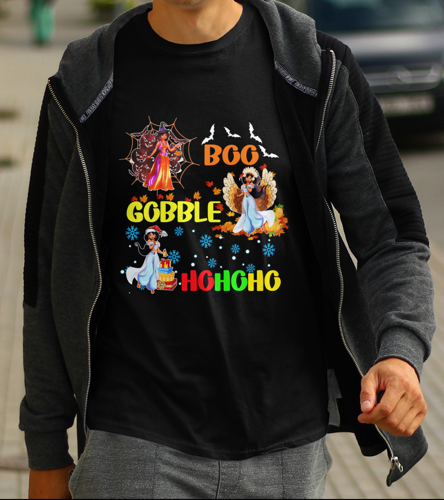 Jasmine Boo Gobble HoHoHo HalloThanksMas Bats Leaves Snowflakes T-Shirt