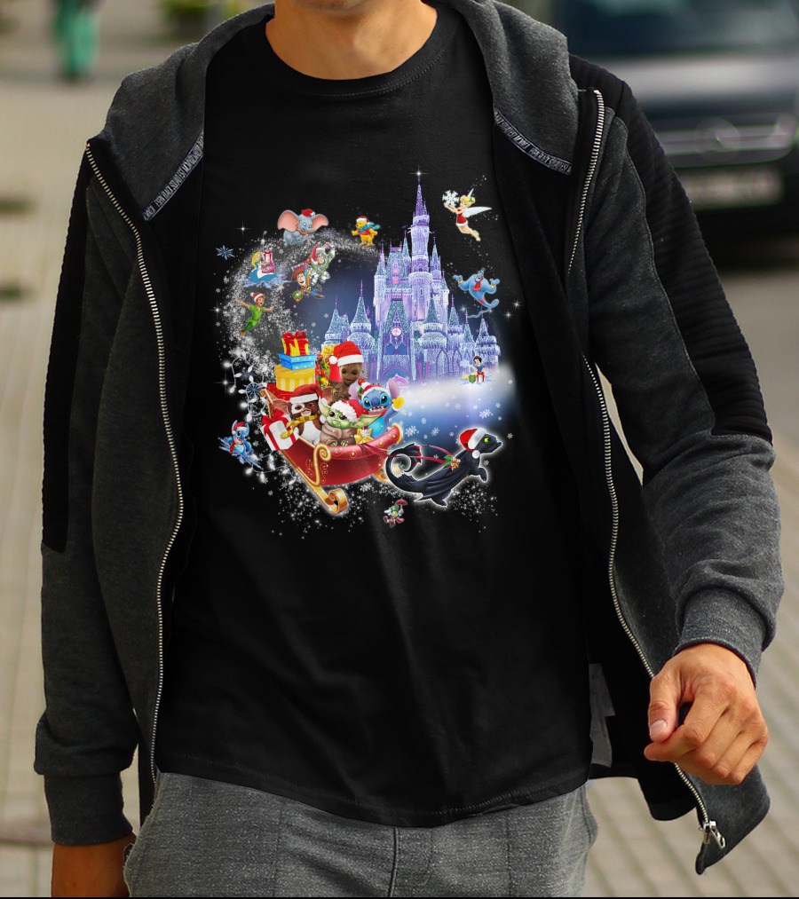 Baby Yoda Christmas Disney Castle Santa Sleigh Tinker Bell Stitch Dumbo Gifts T-Shirt