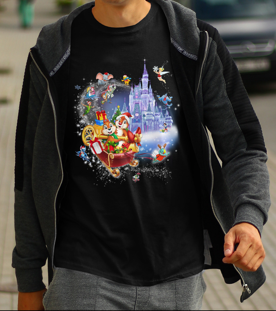 Chip And Dale Christmas Castle With Sleigh And Gifts T-Shirt