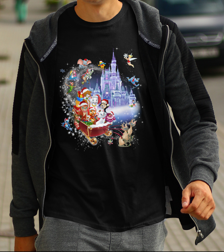 Disney Cats Christmas Castle Sleigh With Santa Hats And Tinker Bell T-Shirt