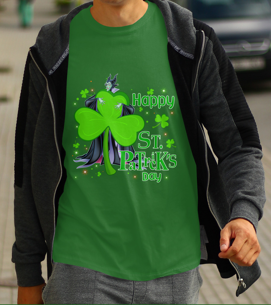 Maleficent Happy St Patrick's Day Shamrock Clover Sparkle T-Shirt