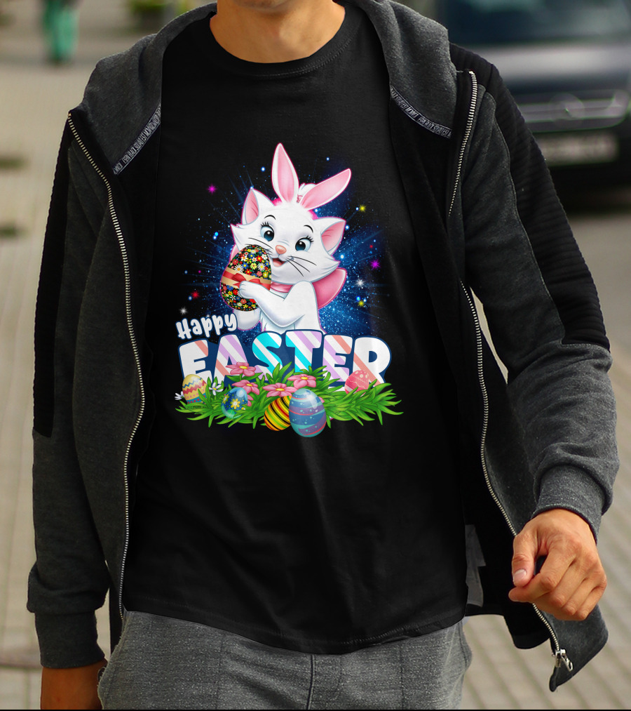 Happy Easter Marie Cat With Colorful Easter Eggs And Flowers T-Shirt