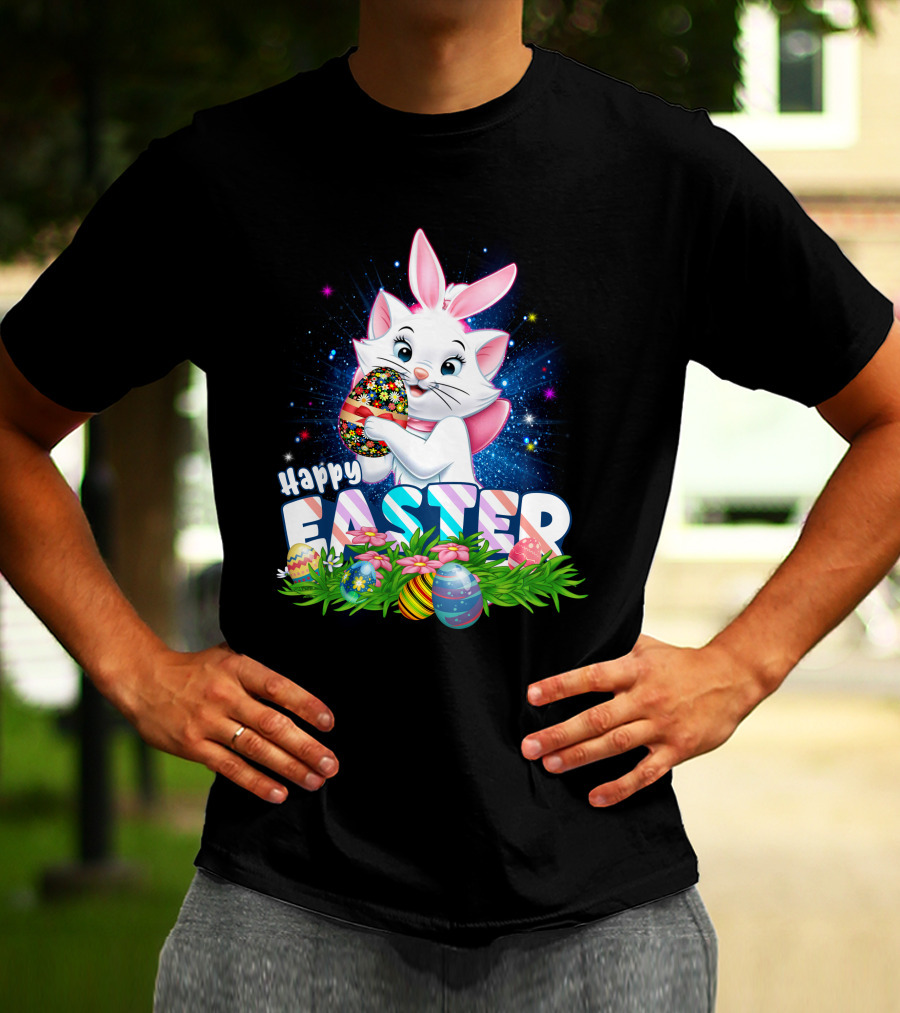 Happy Easter Marie Cat With Colorful Easter Eggs And Flowers T-Shirt
