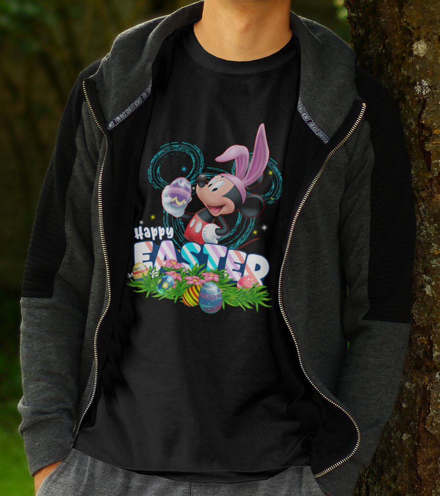 MK Happy Easter Mickey Mouse Bunny Ears Holding Colorful Easter Eggs In Grass T-Shirt