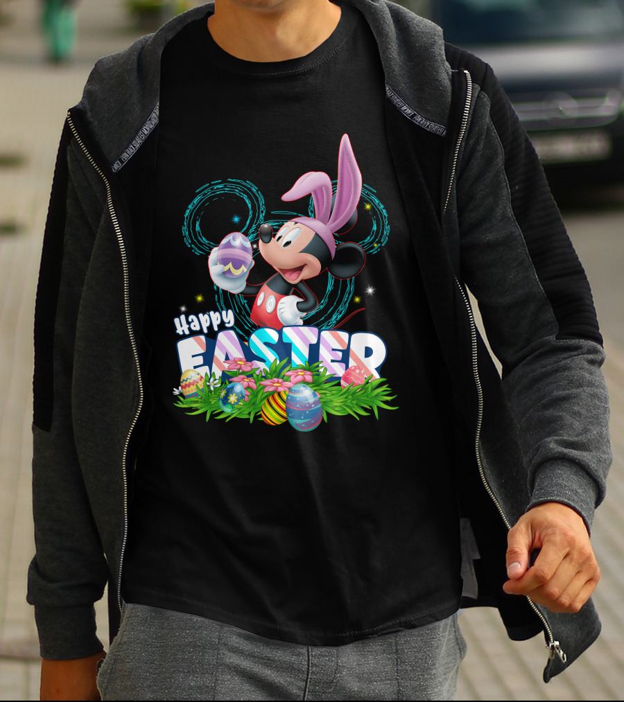 MK Happy Easter Mickey Mouse Bunny Ears Holding Colorful Easter Eggs In Grass T-Shirt