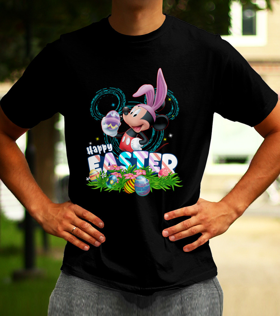 MK Happy Easter Mickey Mouse Bunny Ears Holding Colorful Easter Eggs In Grass T-Shirt