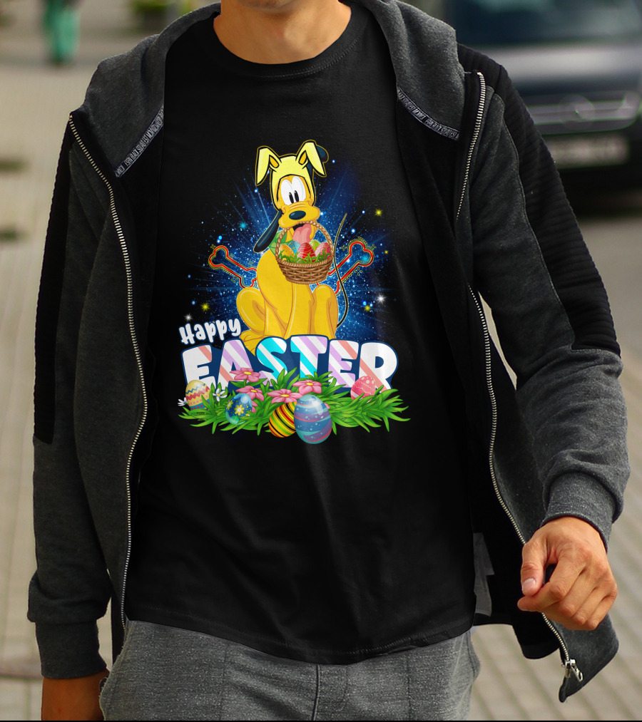 Pluto Happy Easter Basket With Eggs And Flowers T-Shirt